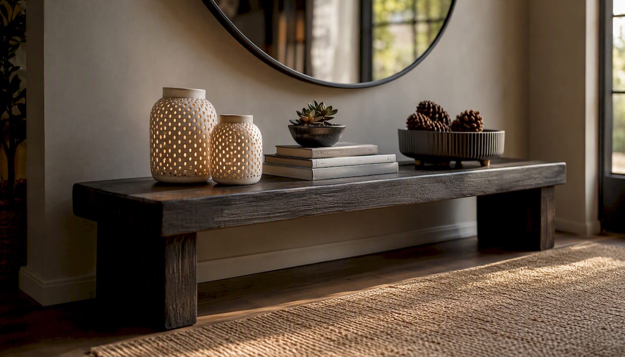 Long console table with layered decor and baskets