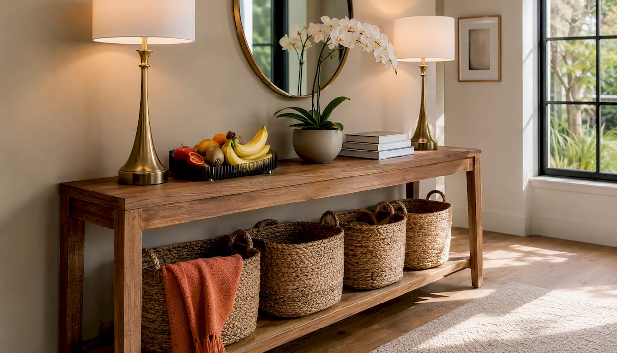 Symmetrical console table with lamps and baskets