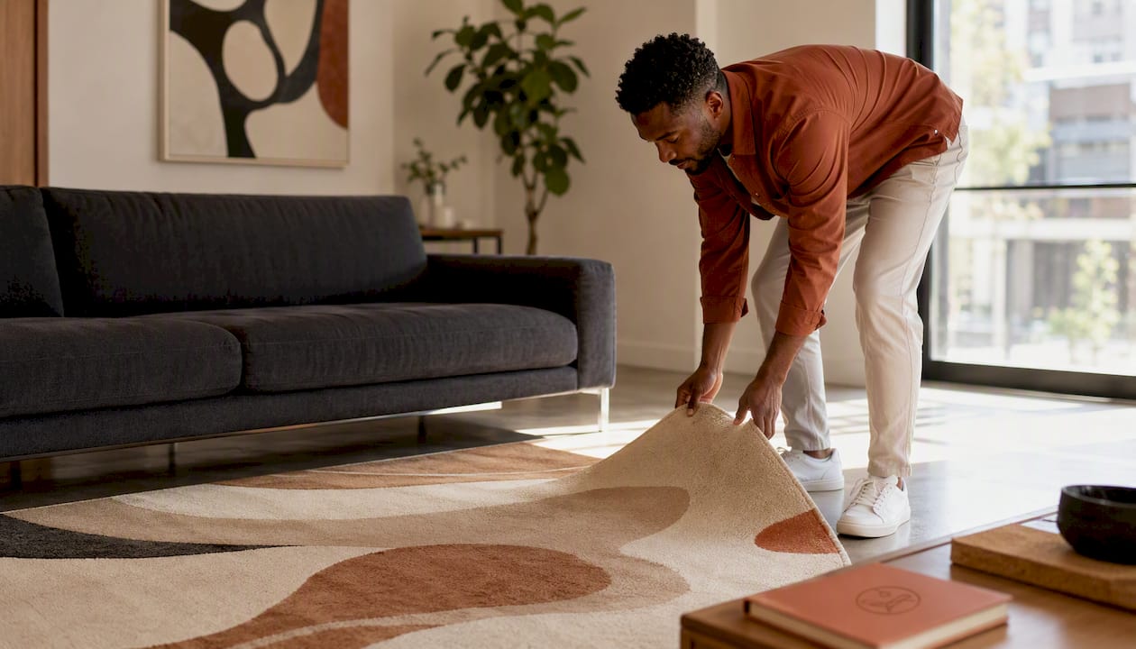 Man adjusting modern abstract living room rug