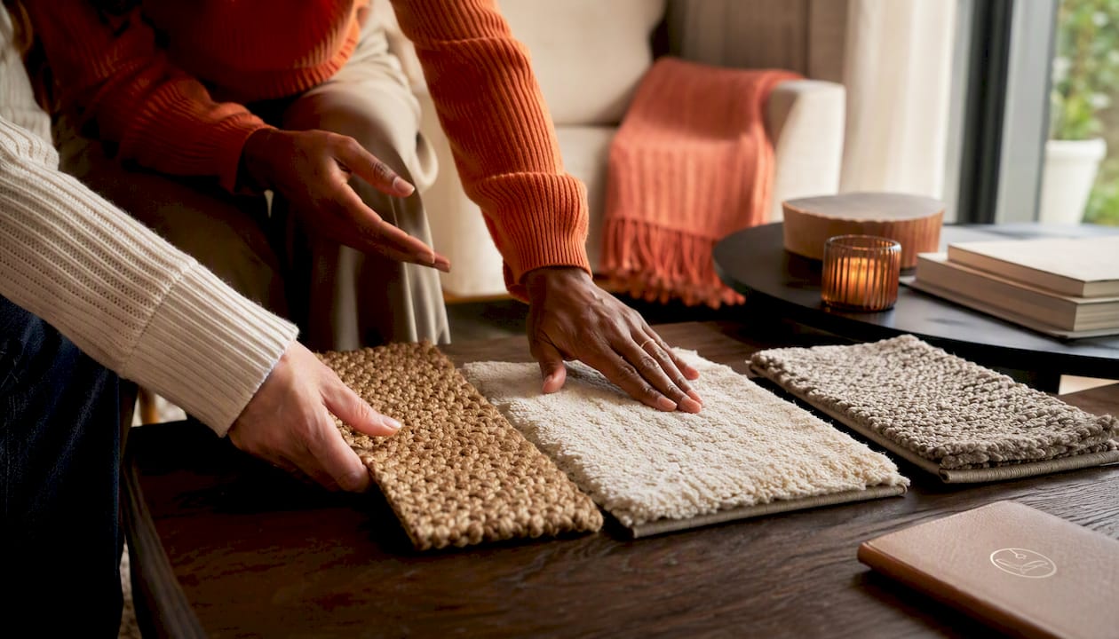 Hands comparing different living room rug material samples