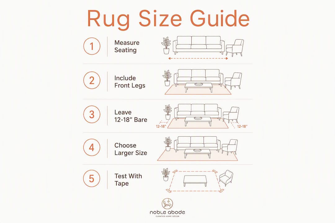 Infographic showing living room rug sizing steps