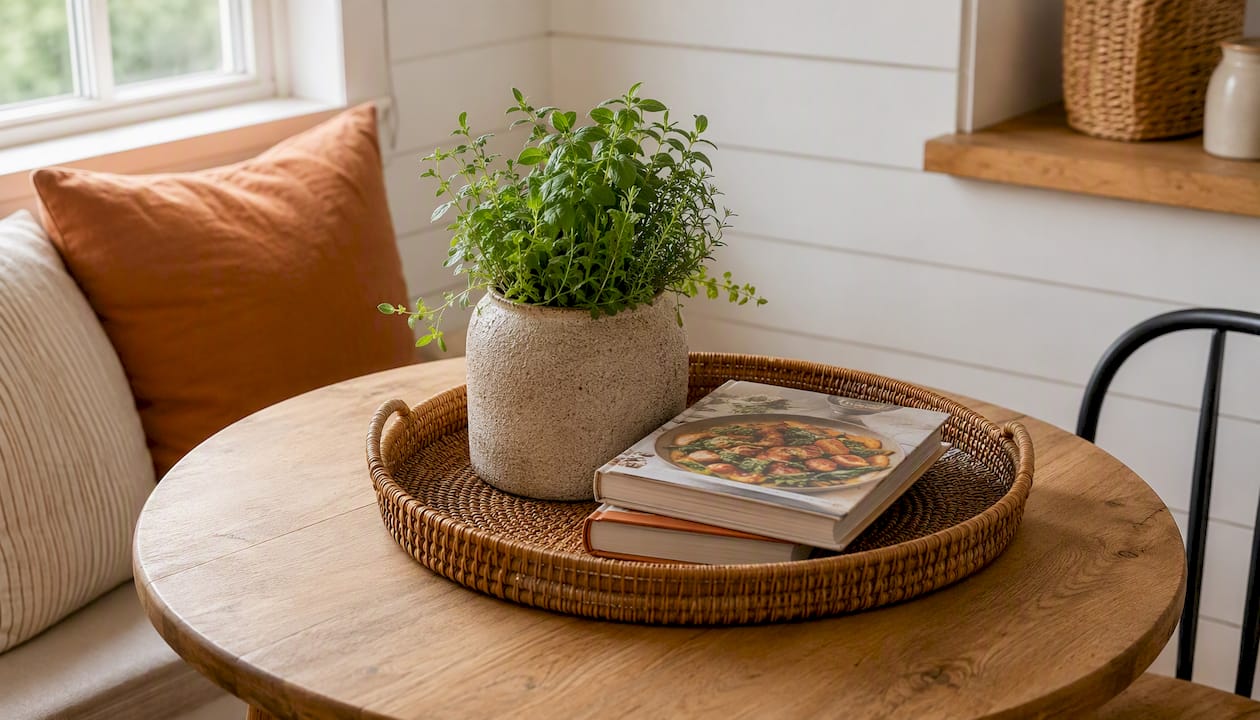 Minimalist styled coffee table with tray and vase