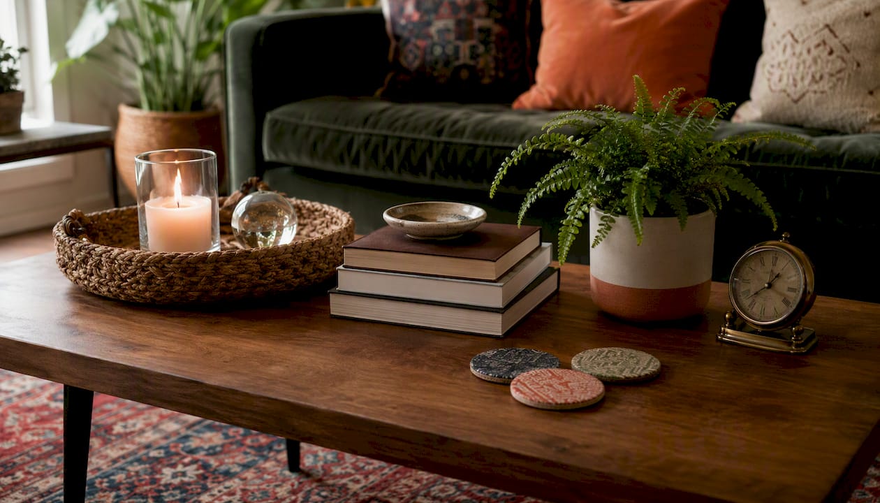 Layered coffee table with curated decor groups overhead