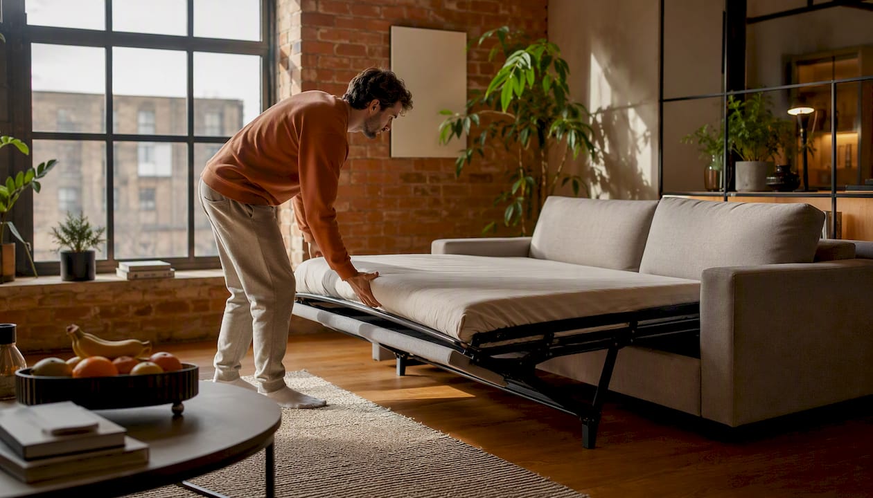 Man unfolding sofa bed in studio apartment