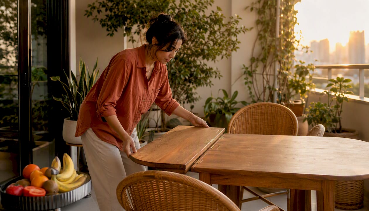 Woman extending drop-leaf dining table
