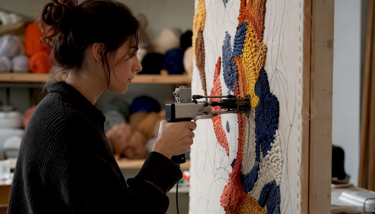 Hand tufting rug yarns using tufting gun on canvas
