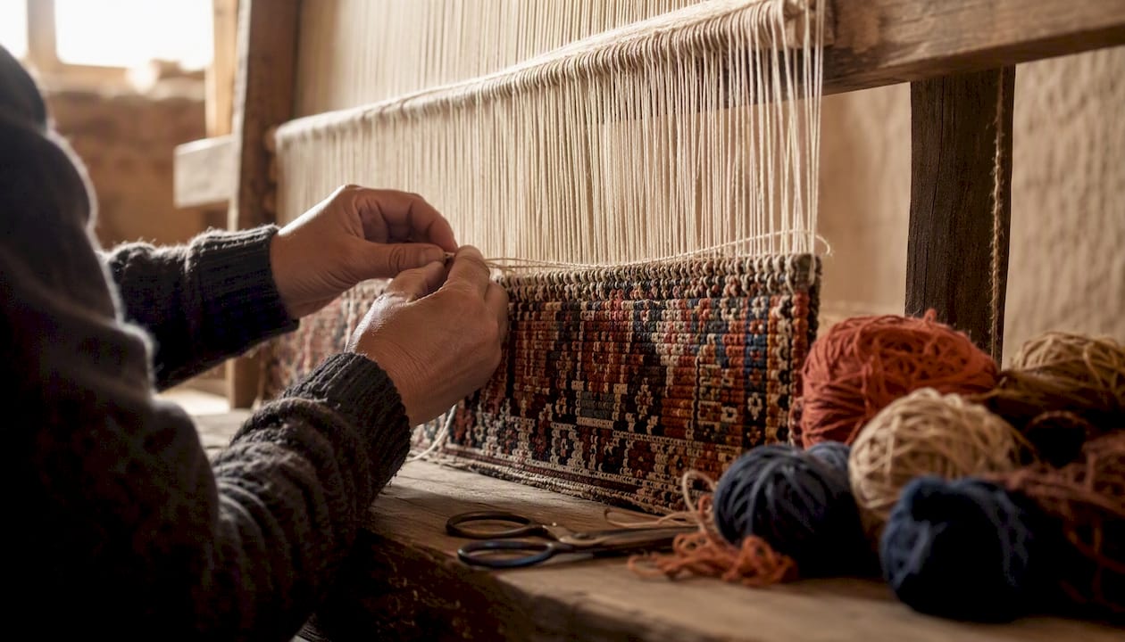 Artisan hands tying knots on loom for hand-knotted rug