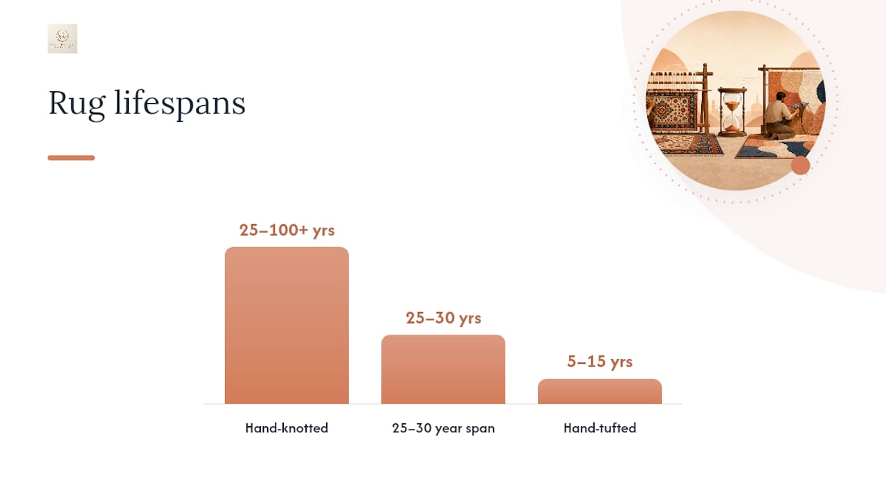 Diagram comparing lifespan, structure, and cost of knotted and tufted rugs