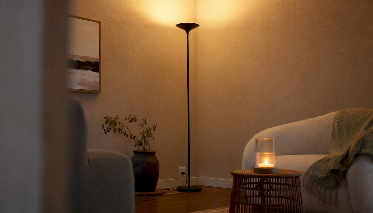 Floor torchiere lamp casting warm ambient light