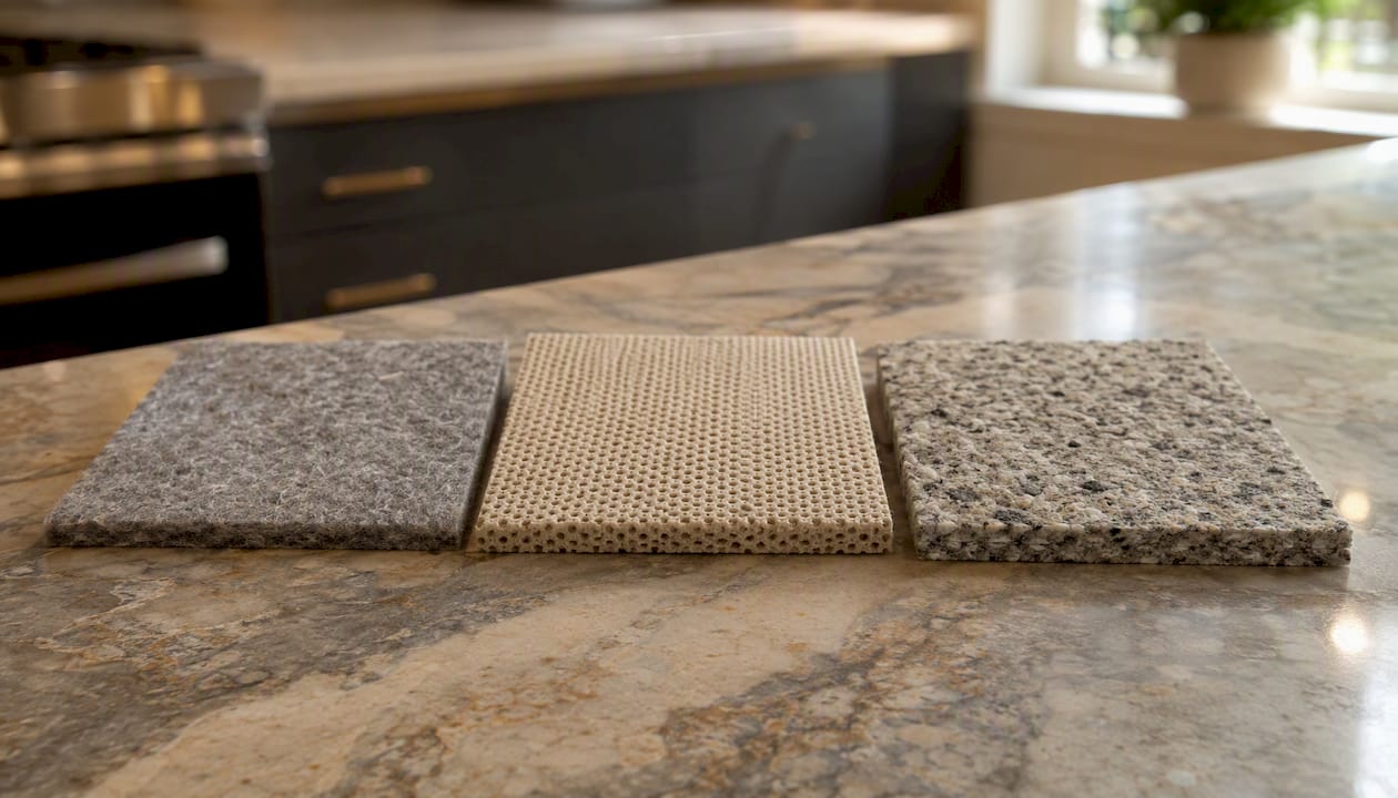 Samples of felt, rubber, and hybrid rug pads textures