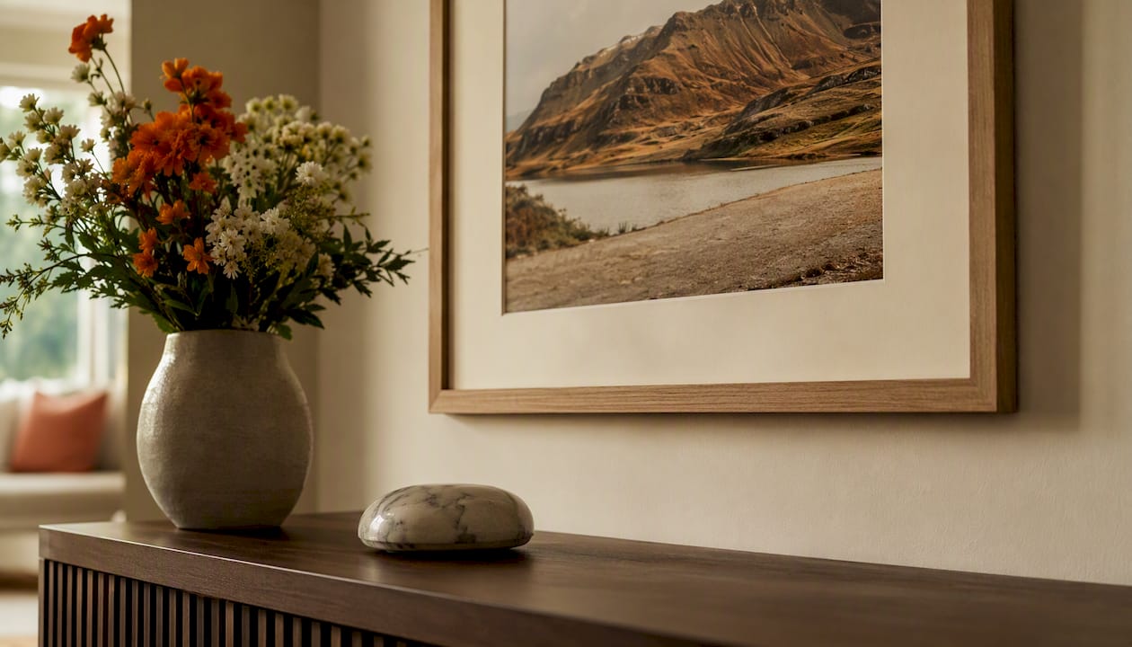 Framed photo paper print close-up in hallway