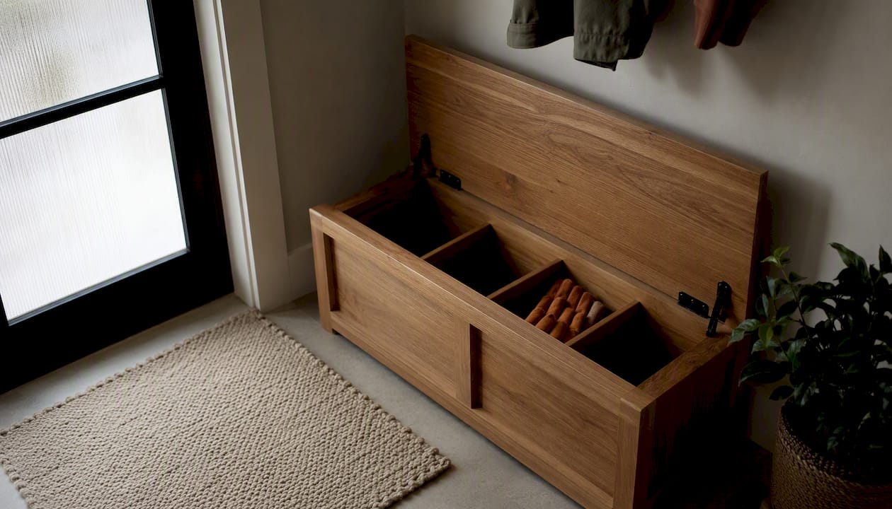 Open storage cubby inside entryway bench