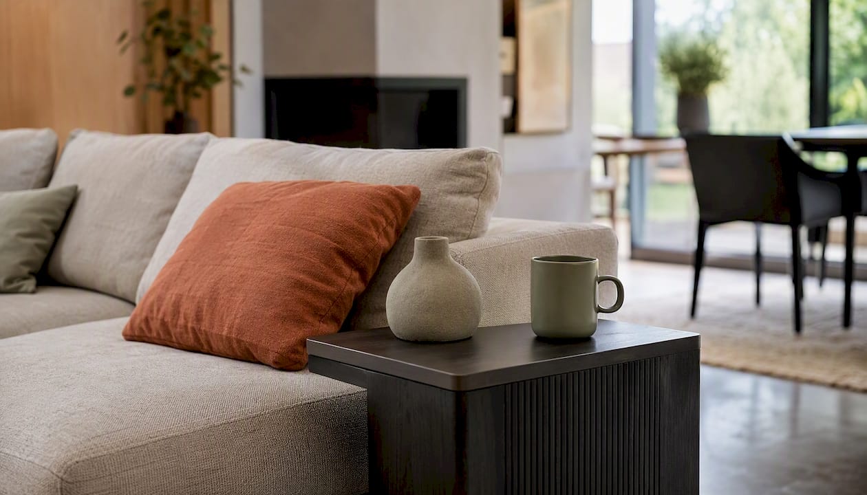 Slim side table near sofa armrest in modern room