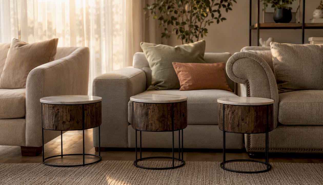 Different side table styles matched to sofa arms