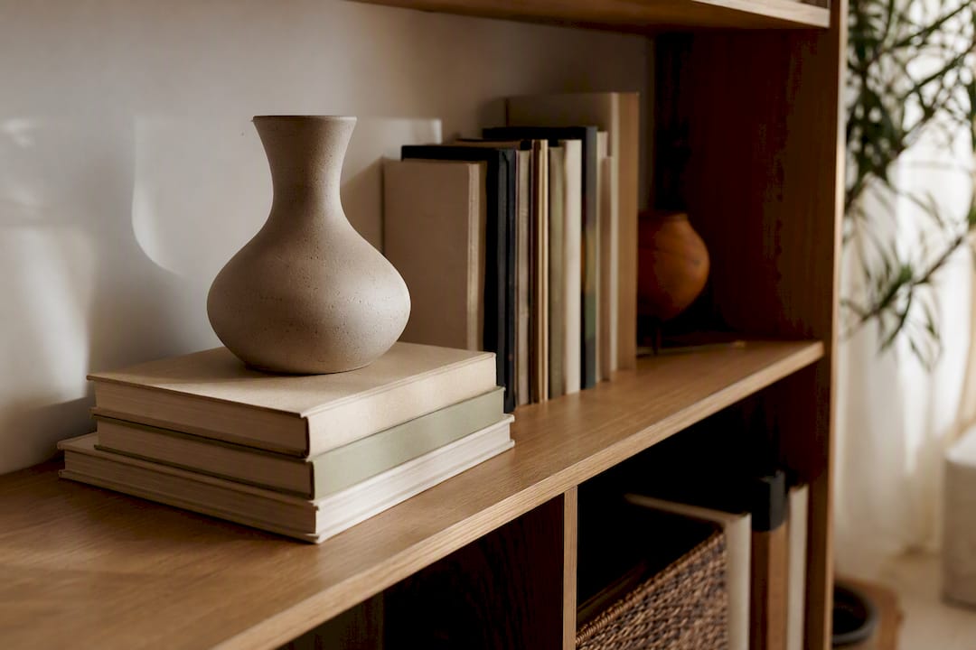 Stacked books with ceramic vase styling