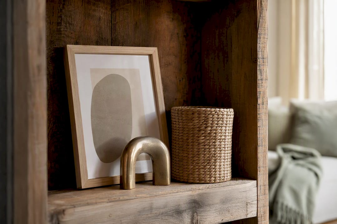 Leaning art print with layered objects on shelf