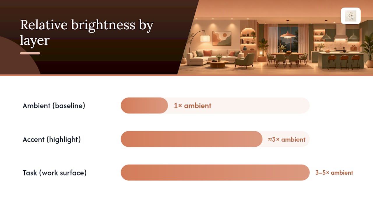 Comparison chart of ambient, task, and accent lighting characteristics