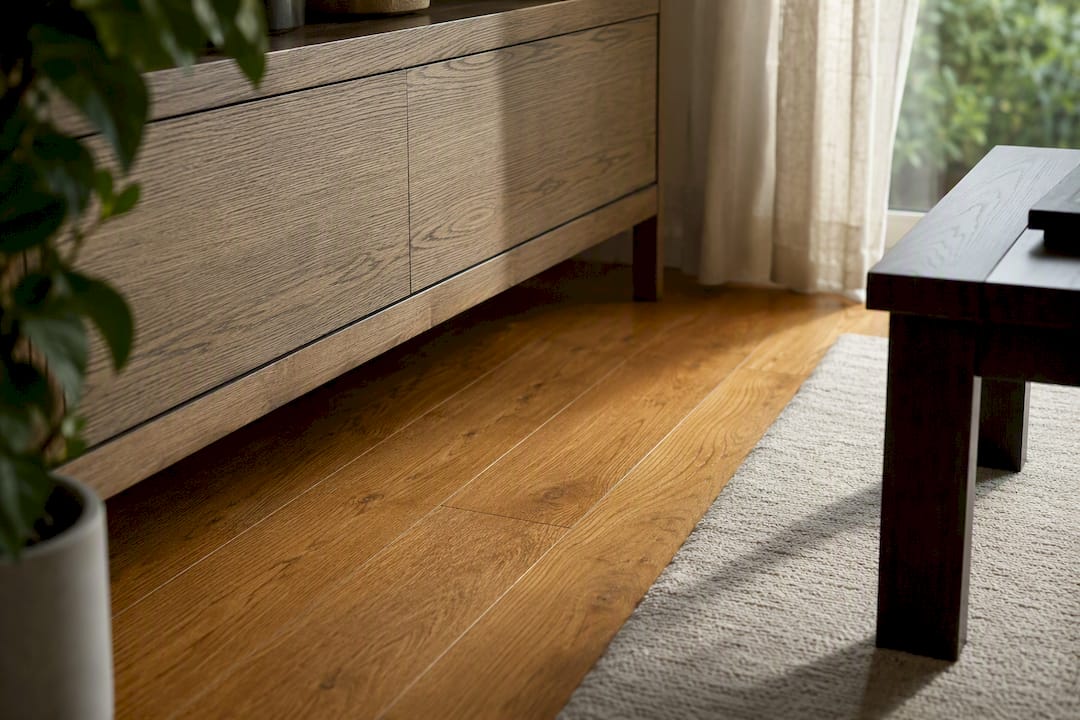 Black stained table bridging oak floor and gray console