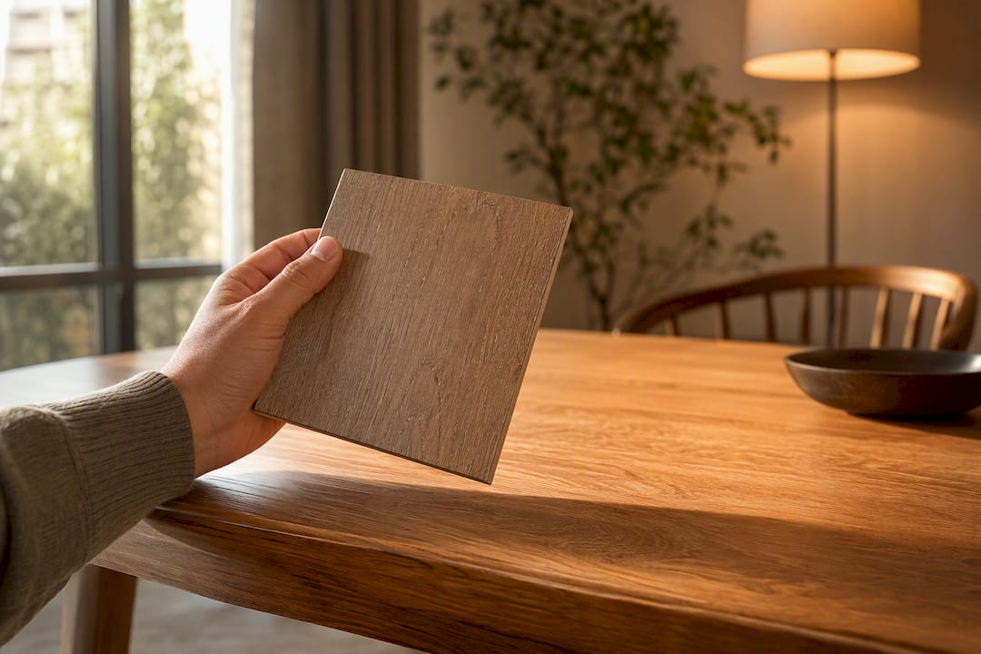 Comparing wood swatches in daylight and lamplight