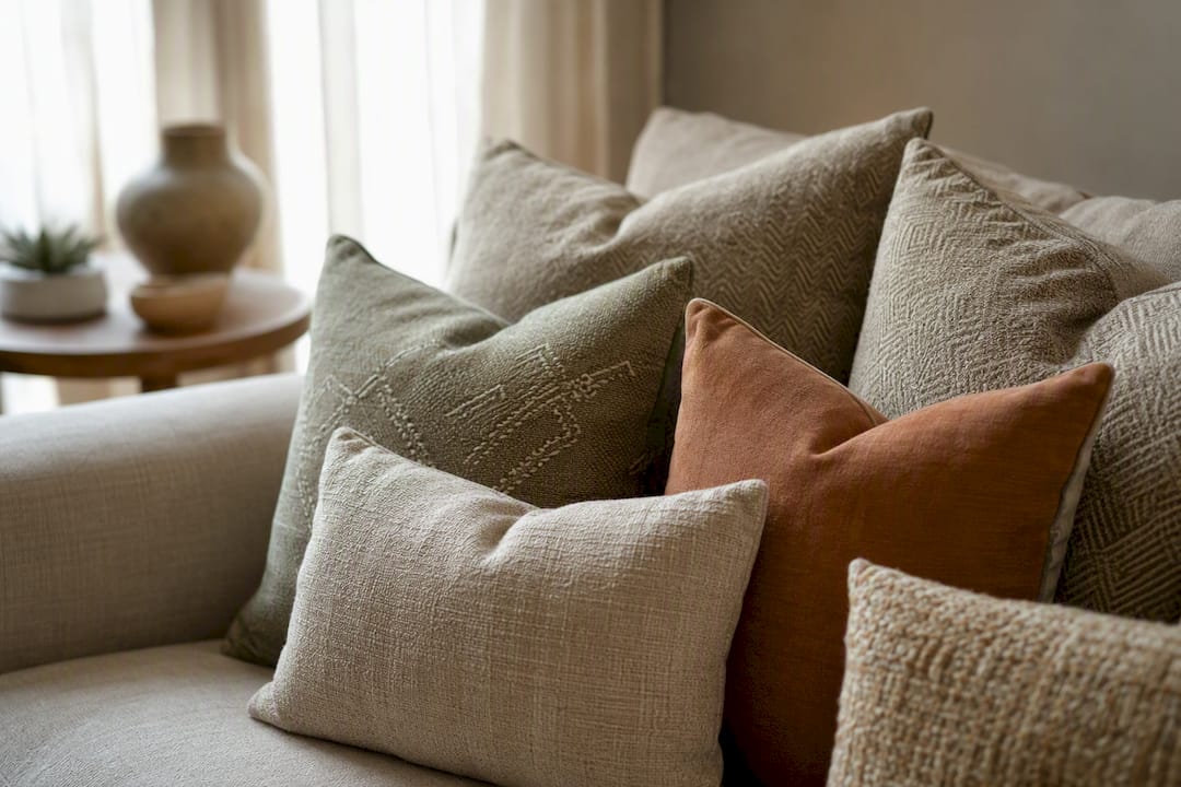 Styled sofa pillows showing fit and fullness