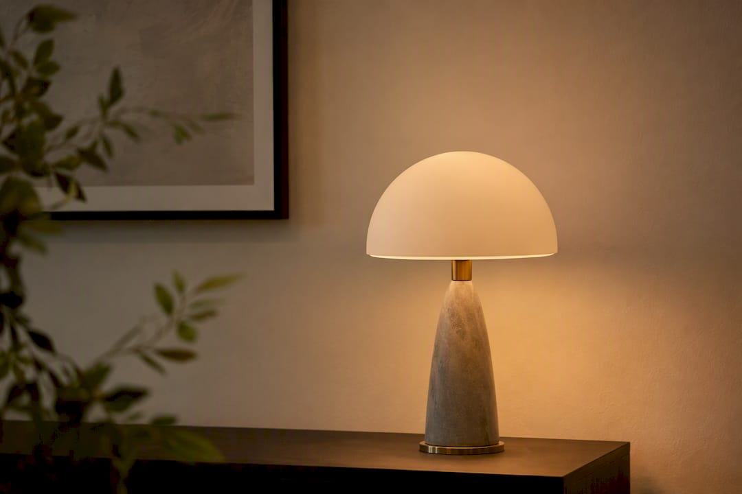 Accent lamp glowing near dusk on console table