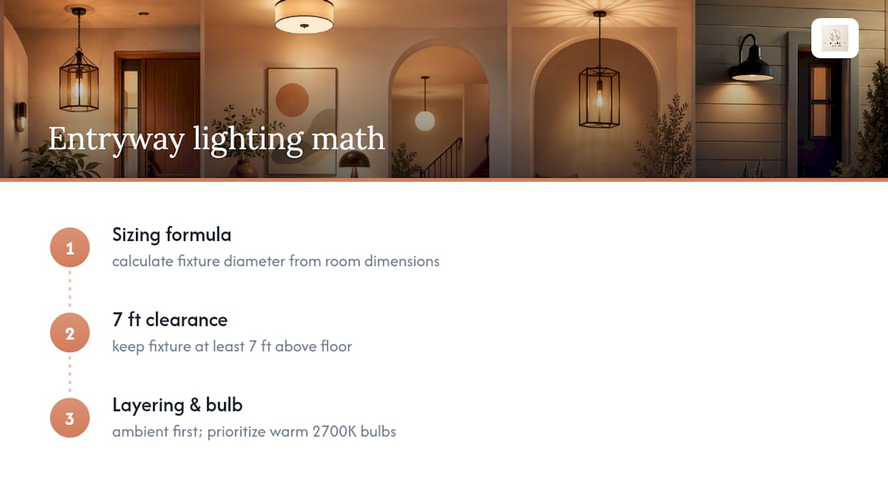 Diagram showing entryway lighting size and clearance formulas