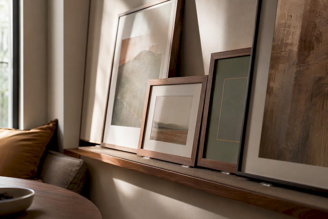 Framed art leaning safely on modern shelf