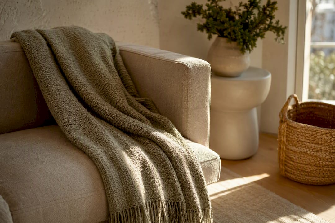 Folded throw blanket on sofa arm