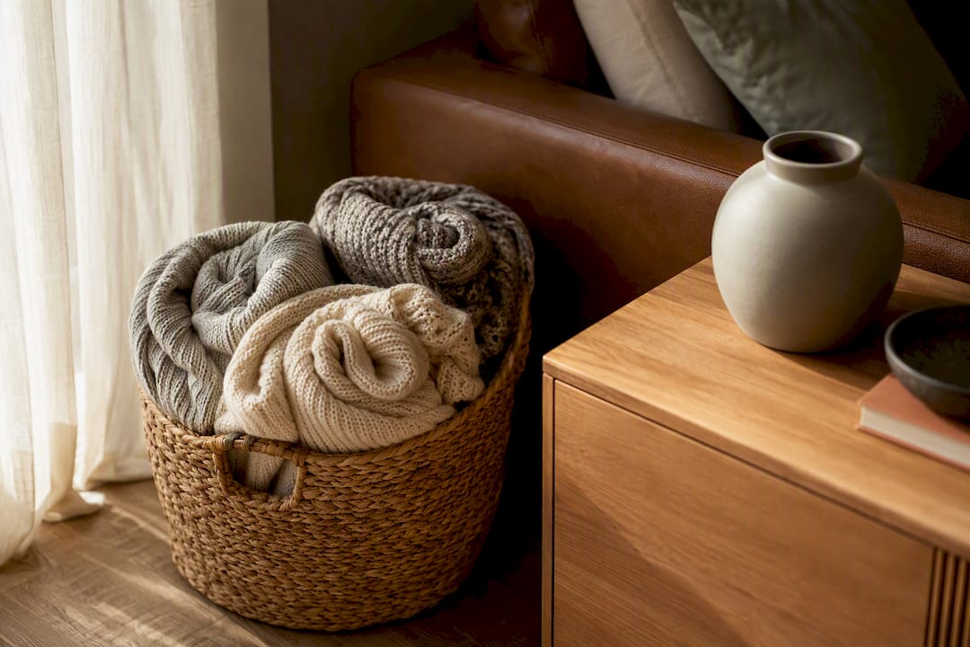 Basket with rolled throw blankets