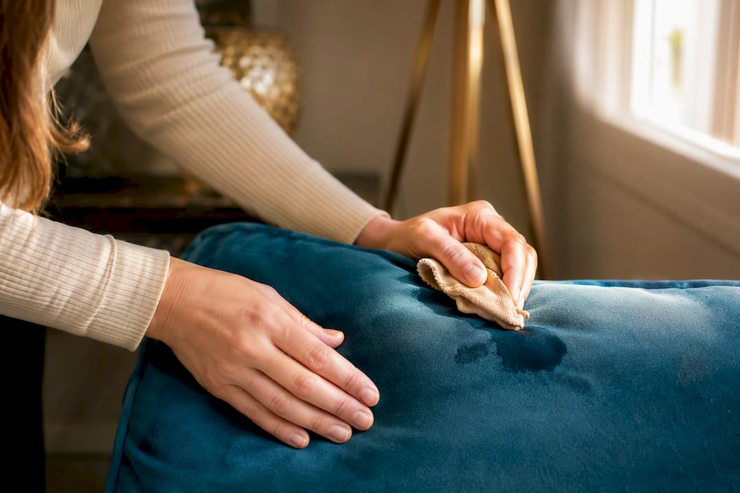 Hands blotting oil stain on velvet cushion