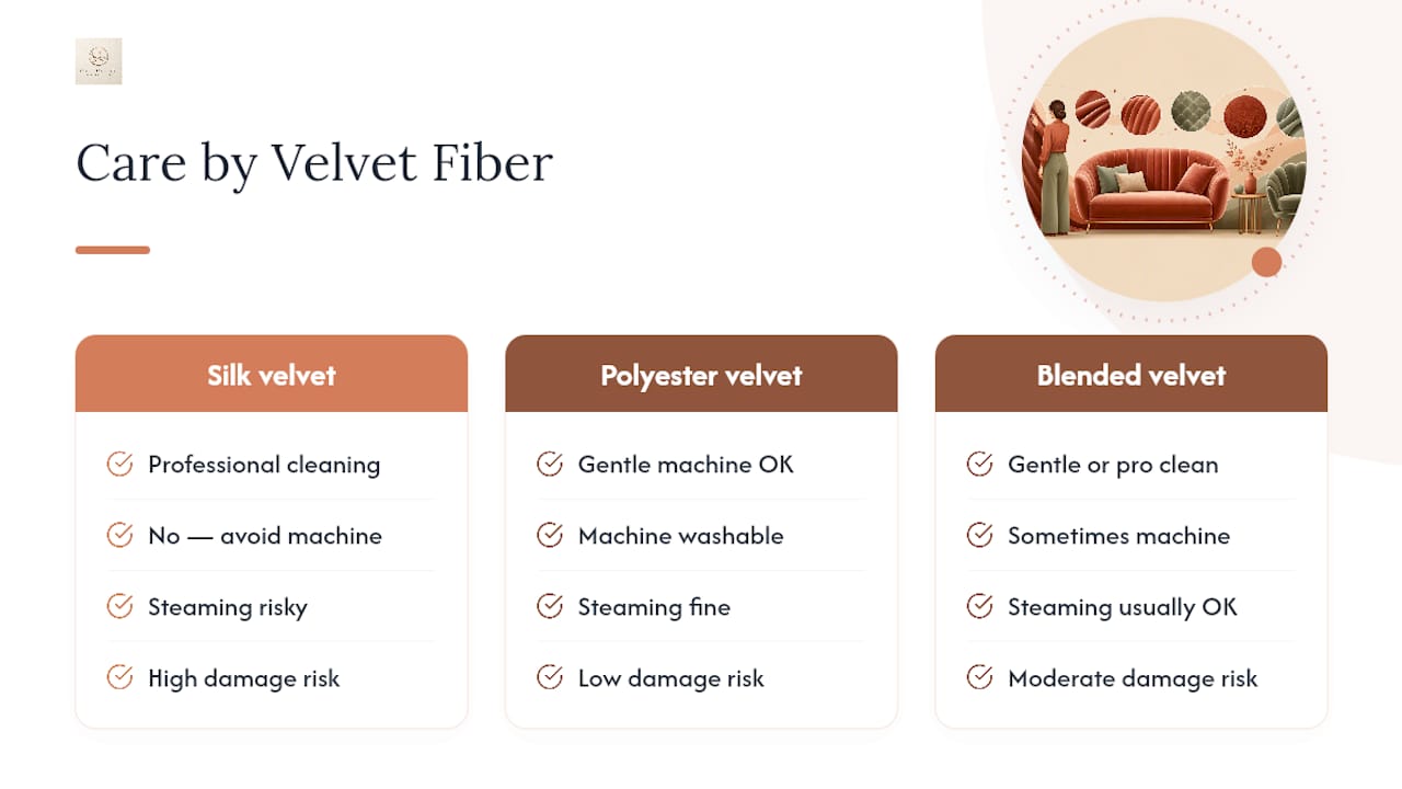 Diagram comparing velvet fiber types and care methods