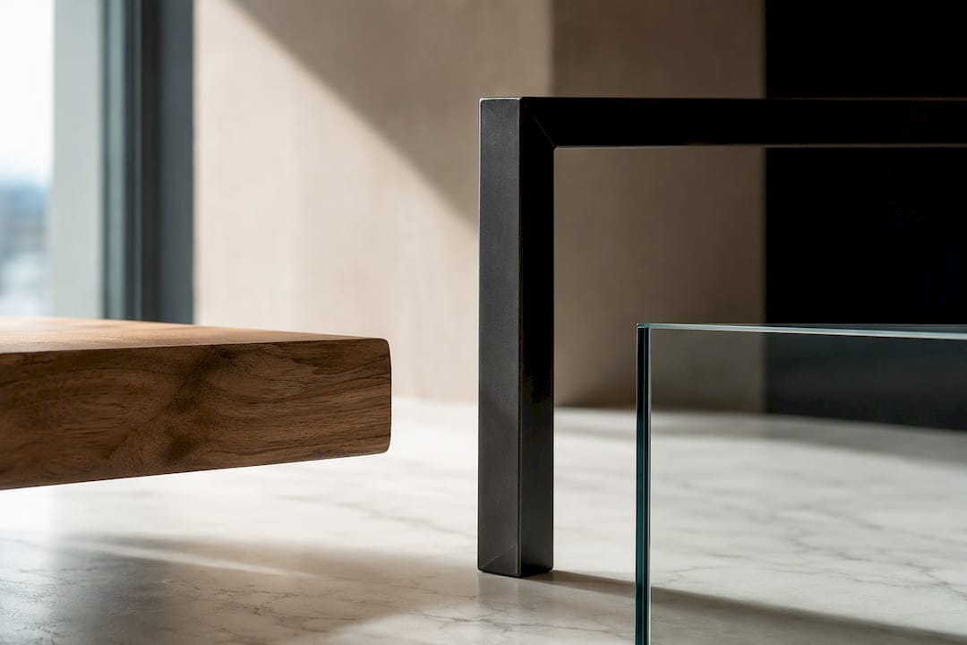 Close-up of wood metal and glass furniture details