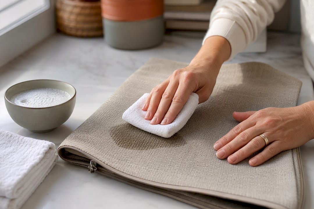Hands blotting spill from upholstery fabric