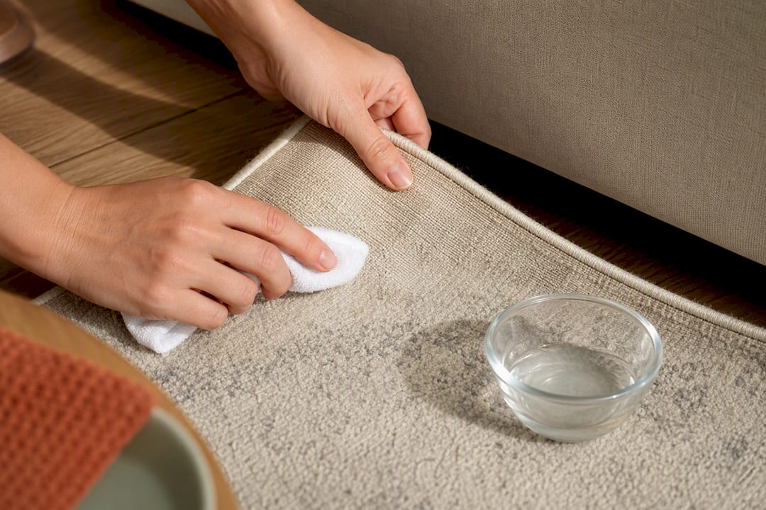 Testing cleaning solution on rug corner