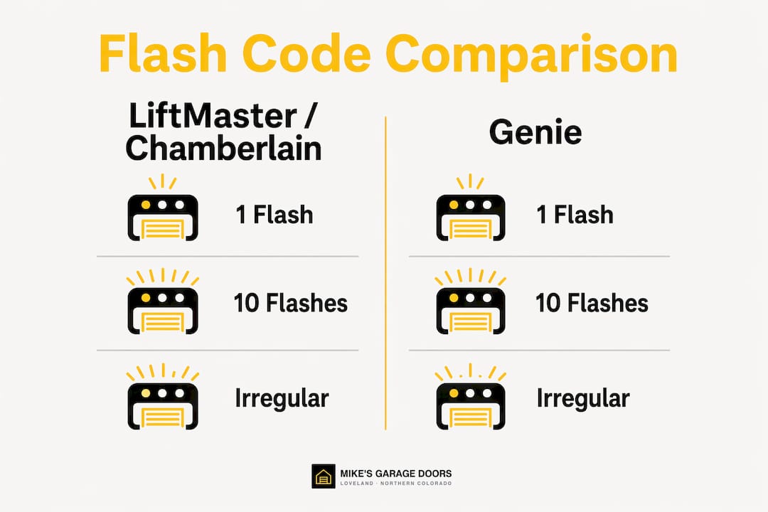Infographic comparing garage door opener flash codes