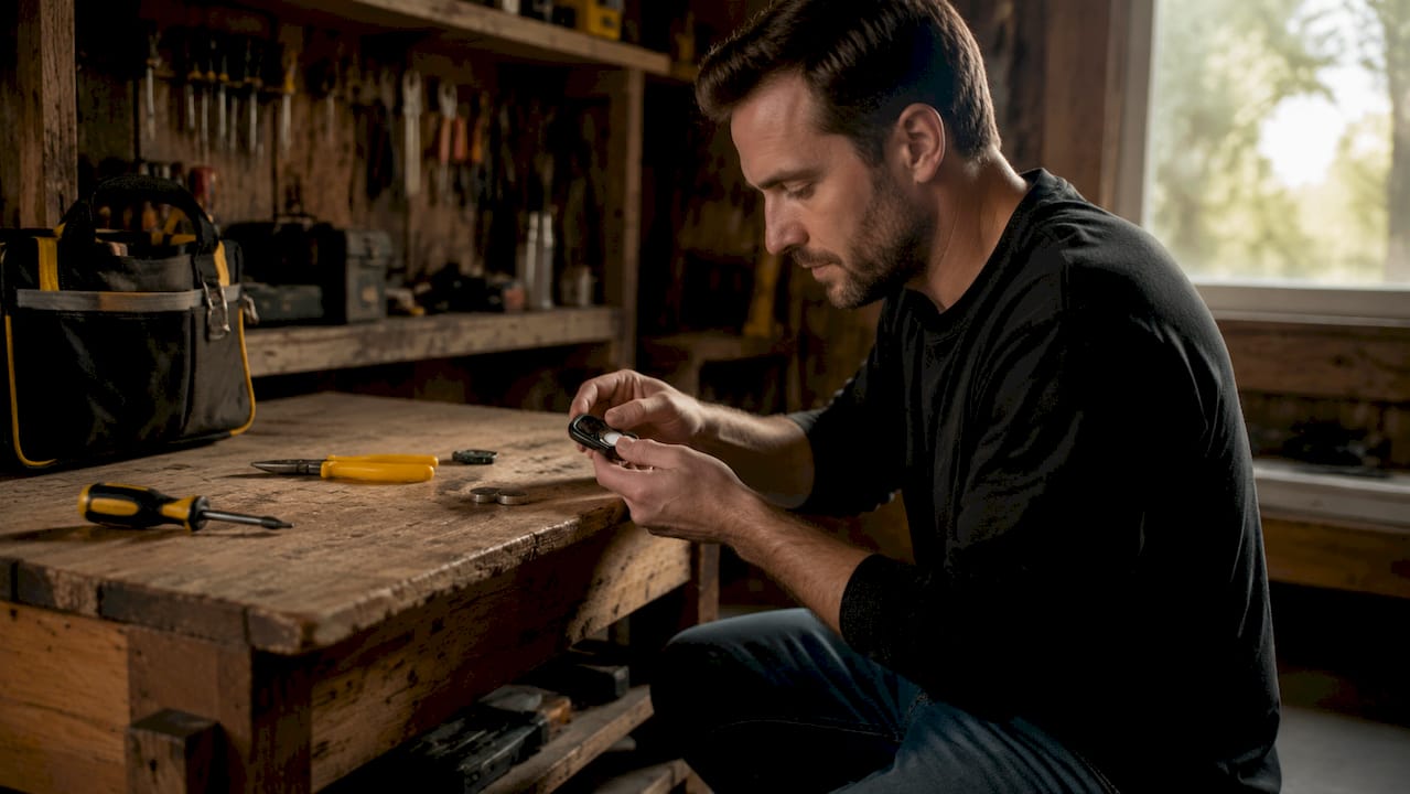 Hands holding garage remote with dead batteries removed