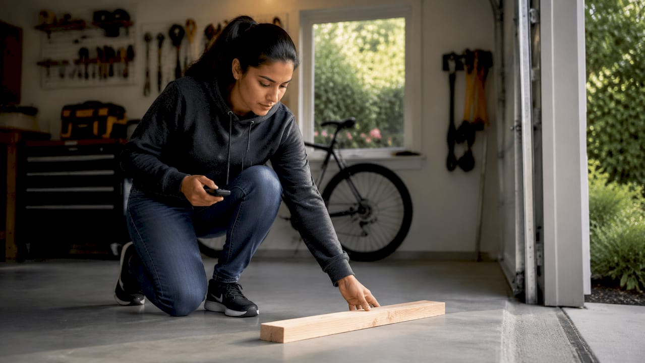 Woman testing garage door auto-reverse safety feature