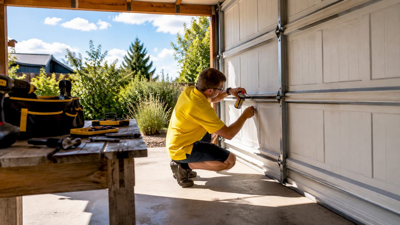 Applying silicone spray to garage door hinge