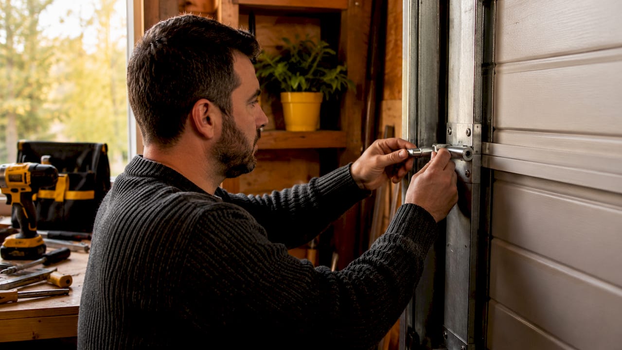 Close-up of hands locking garage door track lock