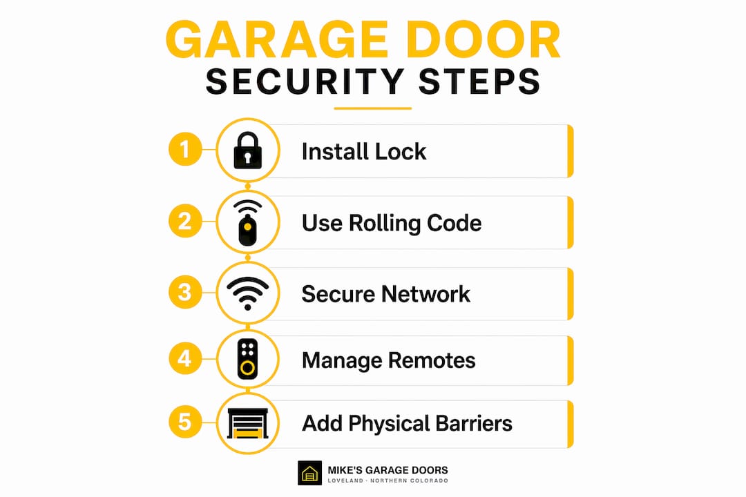 Infographic showing key steps for garage door security