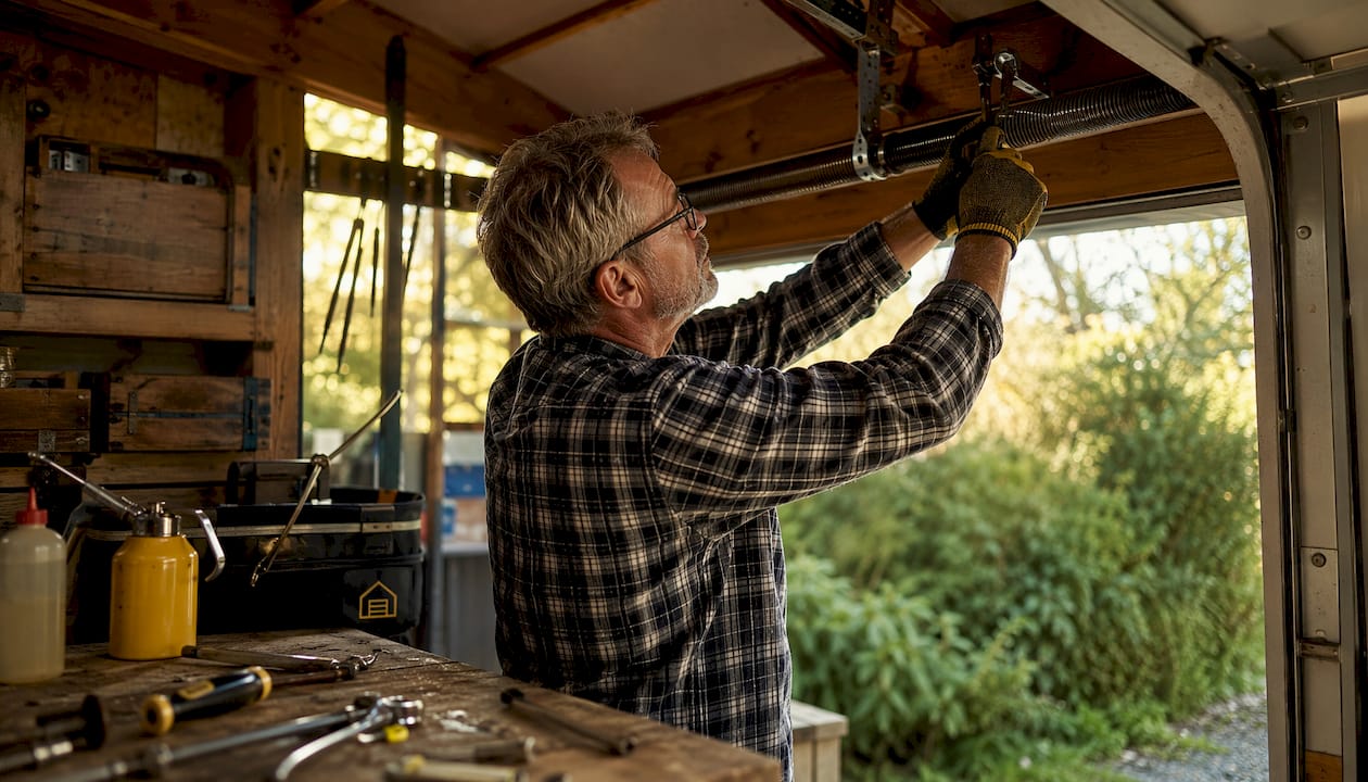 Hands adjusting garage door spring in workshop