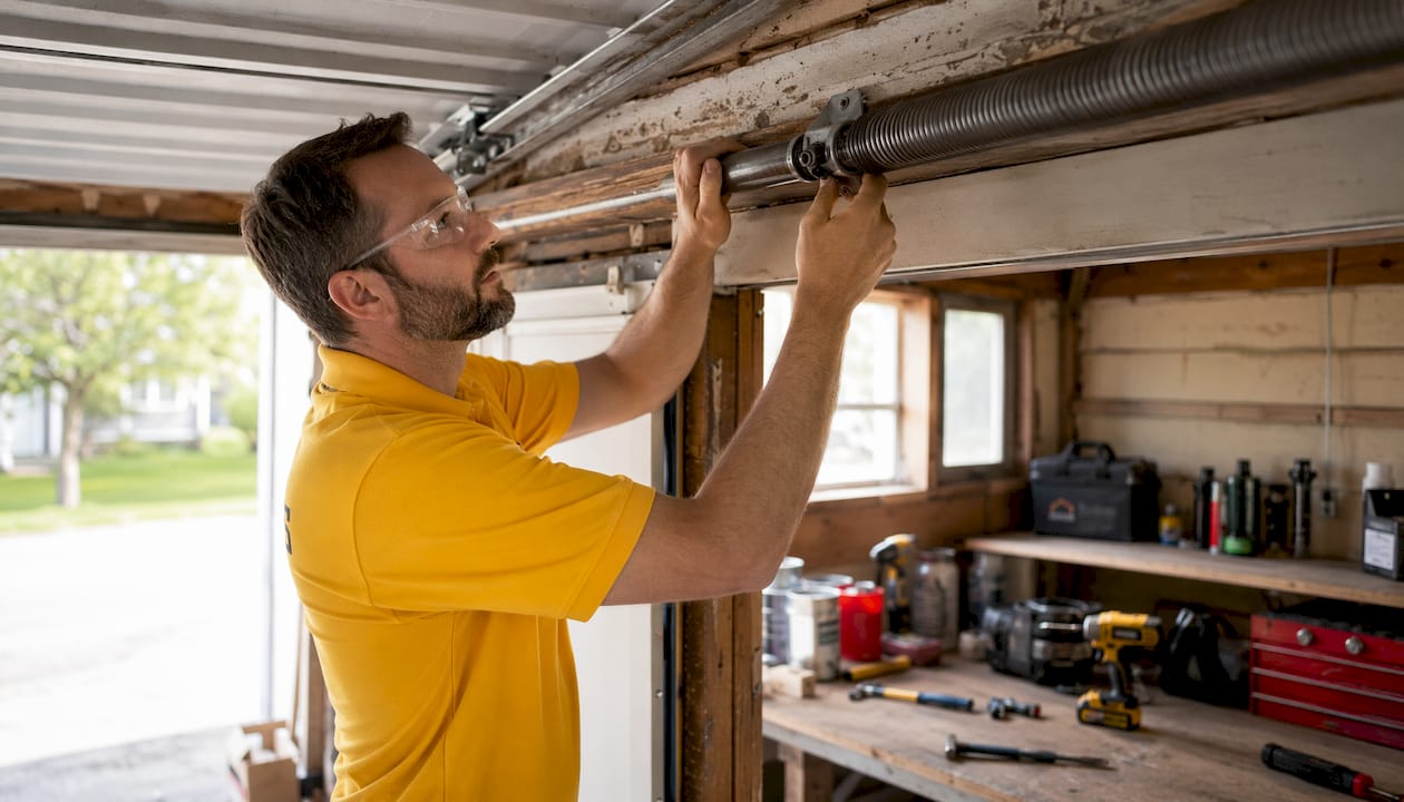 Technician checking garage door shaft play by hand