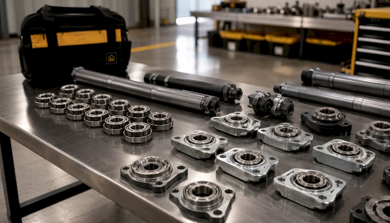 Various garage door bearing sizes and parts on workbench