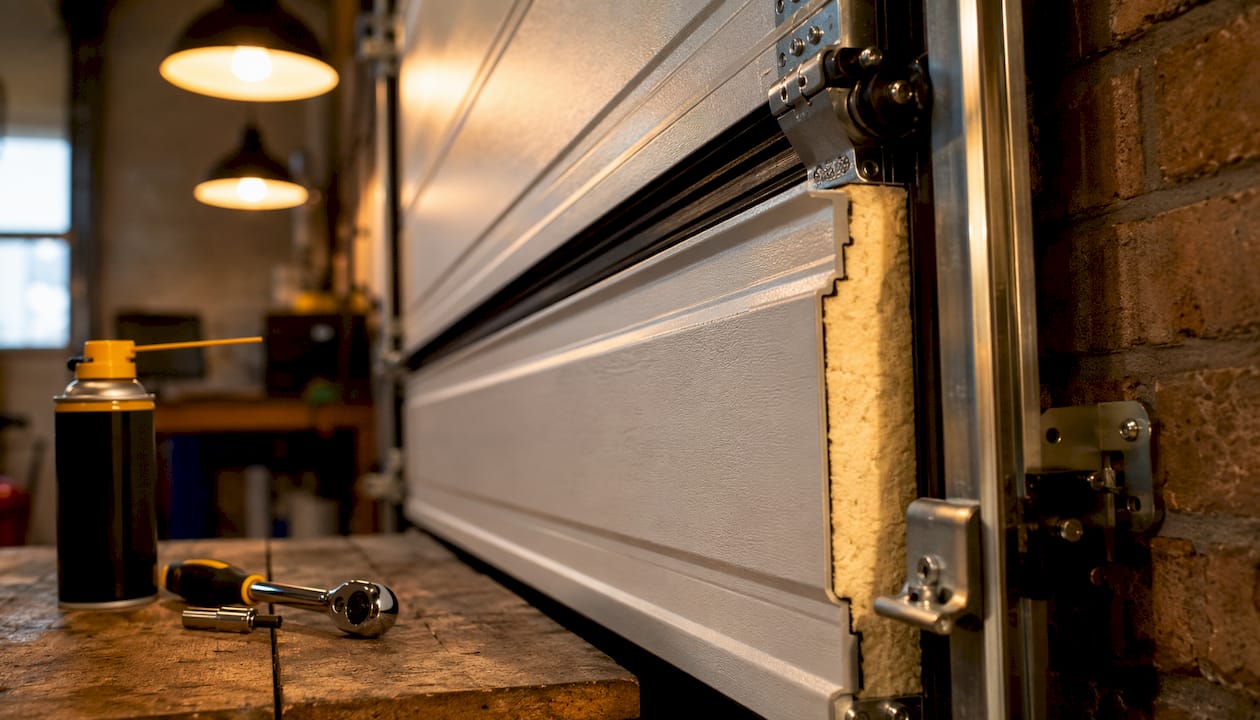 Close-up of sectional panels and door rollers