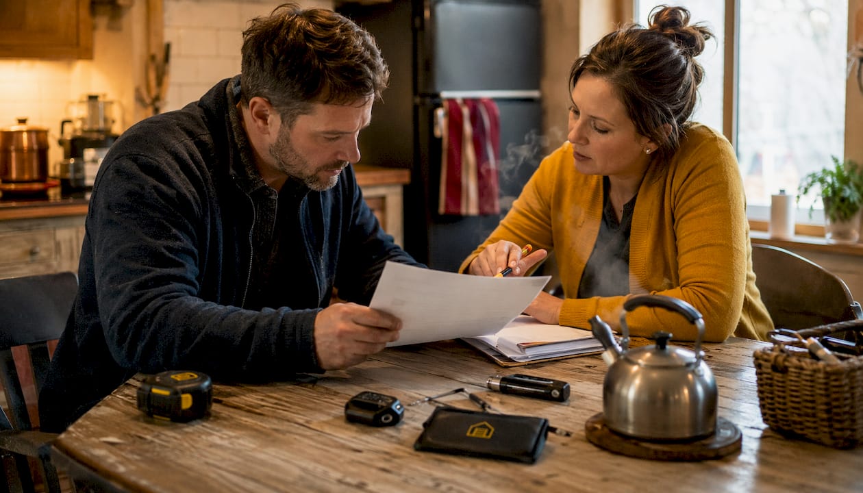 Overhead view of two people discussing garage door pricing documents