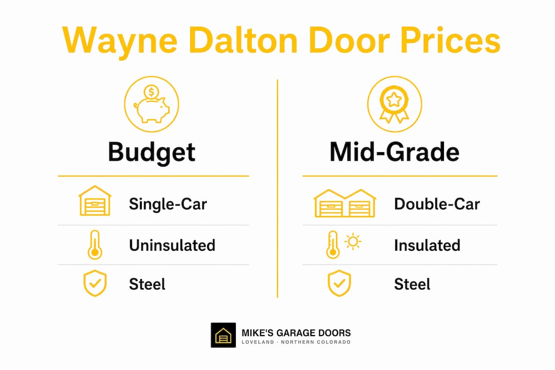 Infographic comparing budget single-car and mid-grade double-car Wayne Dalton garage door prices