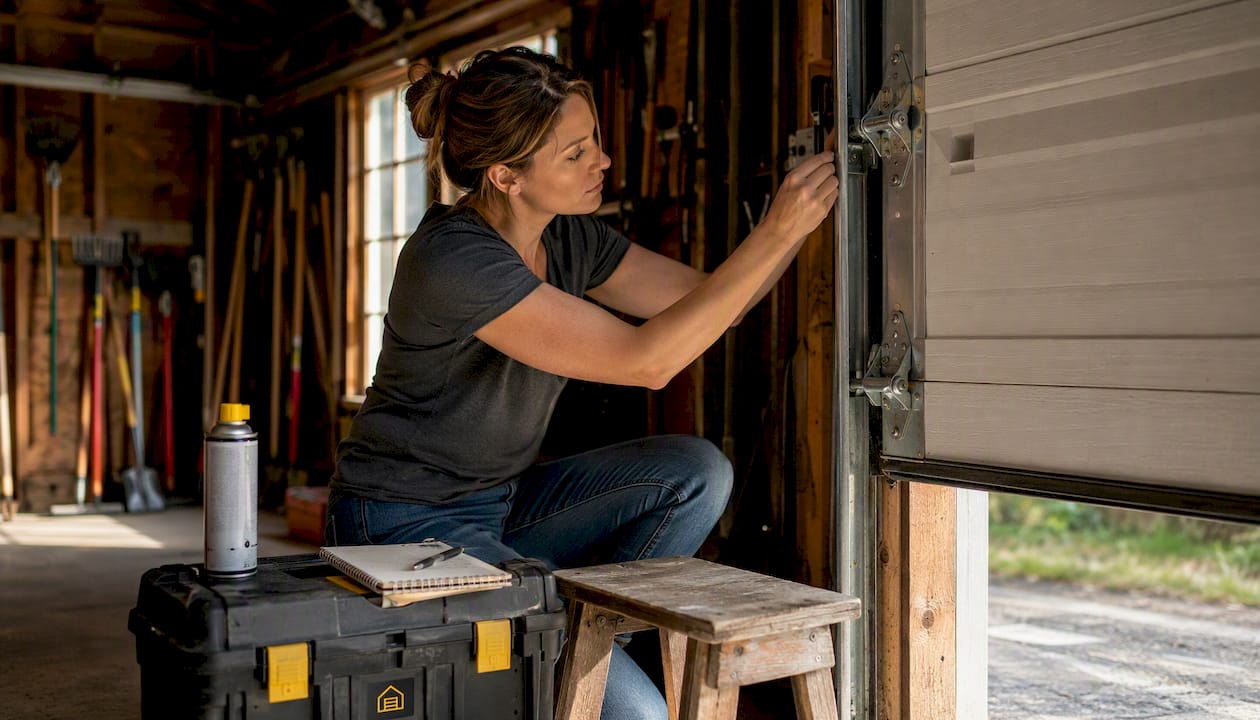 Homeowner inspecting garage door rollers during maintenance