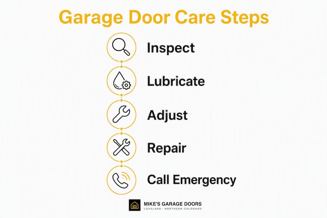 Infographic showing steps for garage door maintenance and emergencies