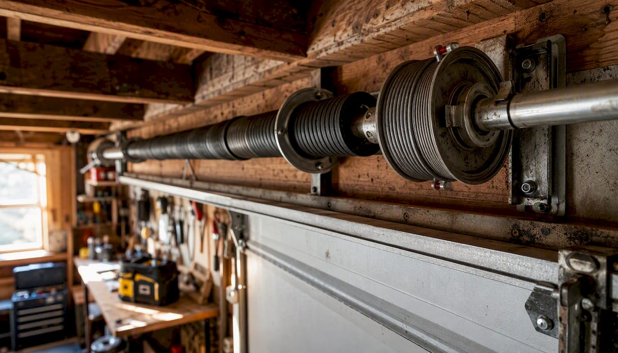 Overhead view of garage door cable drum with torsion spring