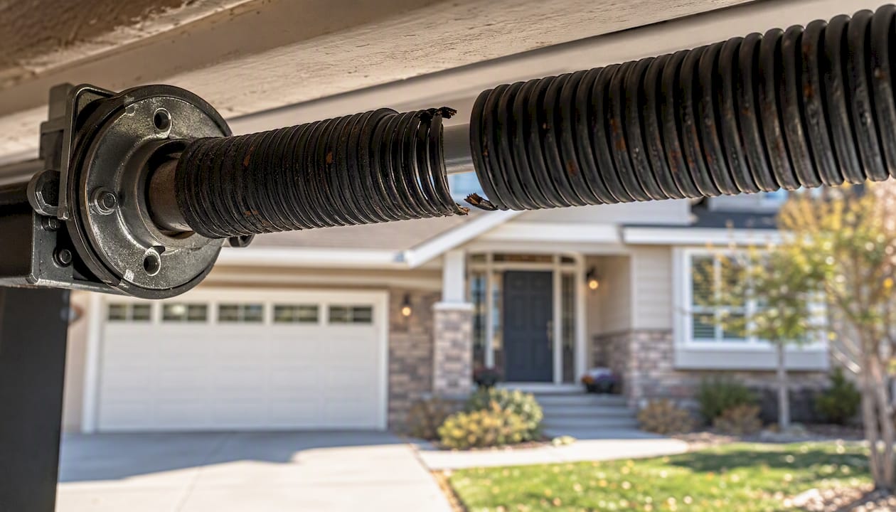 Close-up broken garage door torsion spring